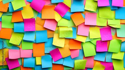 Sticky notes used in a visual management system to track progress in a project.