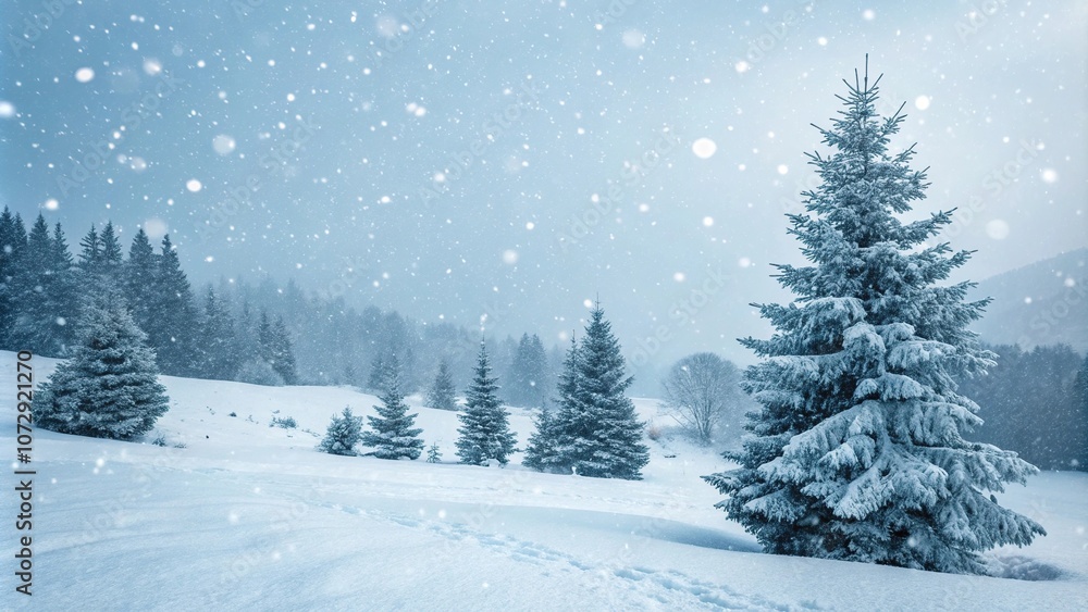 Winter snowflakes gently falling on a serene landscape background with Christmas trees in the distance, cold weather, frosty atmosphere Winter snowflakes gently falling on a serene landscape background with Christmas trees in the distance, cold weather, frosty atmosphere