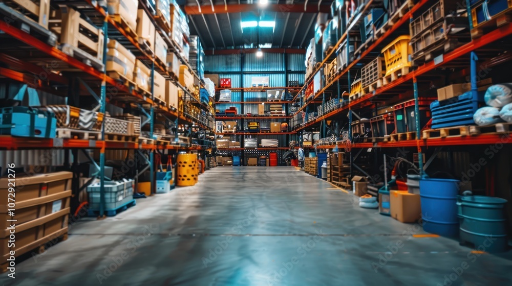 Industrial warehouse with rows of stacked shelves and assorted boxes. Industrial warehouse with rows of stacked shelves and assorted boxes.