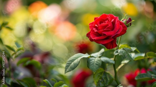 Red rose bloom. Single red rose in bloom, symbolizes love and beauty. Soft focus background.