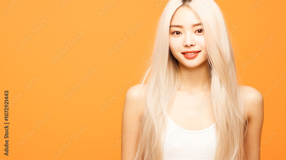 Portrait of smiling asian teenager girl with long and white hair purple background. Portrait of smiling asian teenager girl with long and white hair purple background.