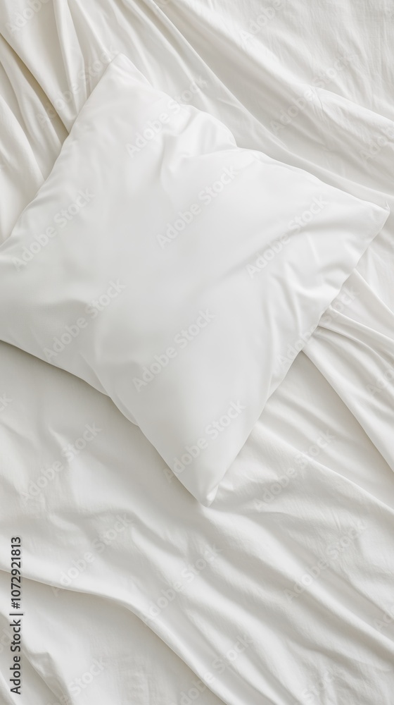 Soft white pillow on a rumpled bedspread in a cozy bedroom during the morning light Soft white pillow on a rumpled bedspread in a cozy bedroom during the morning light