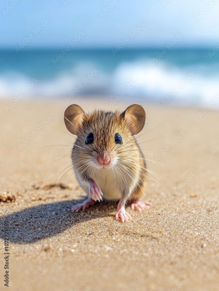 Cute field mouse playing on the beach Cute field mouse playing on the beach