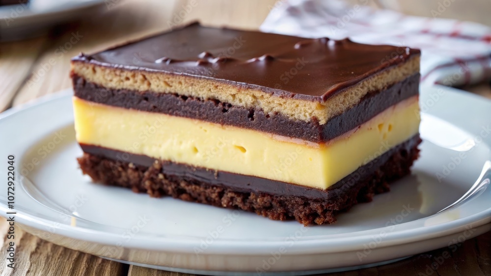 A rich chocolate cake with a layer of creamy filling, topped with a glossy chocolate glaze and served on a white plate A rich chocolate cake with a layer of creamy filling, topped with a glossy chocolate glaze and served on a white plate