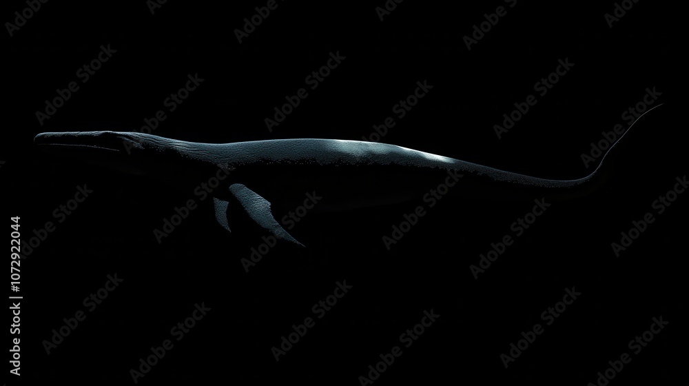 Obraz premium Silhouetted Plesiosaur Swimming in a Black Void