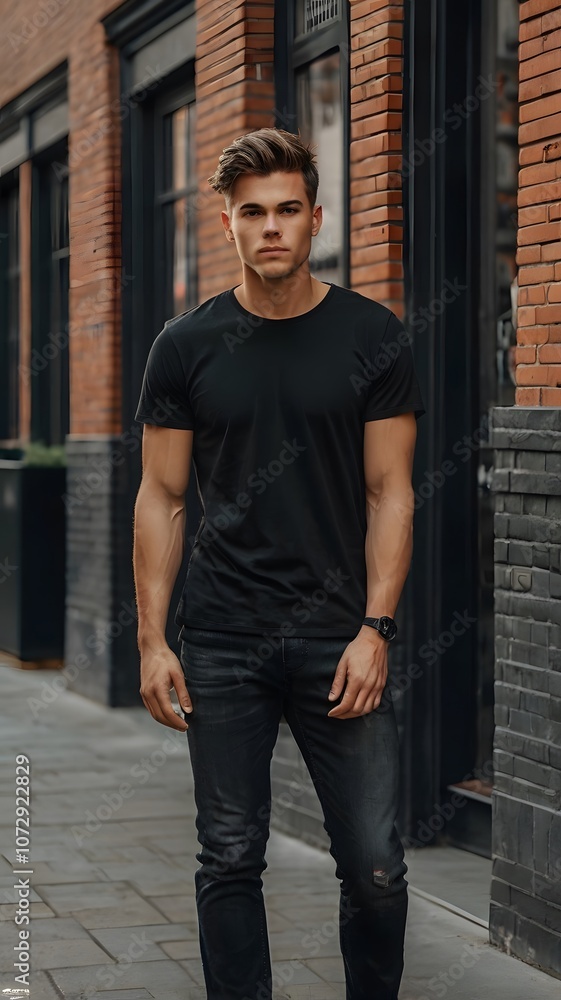 Casual urban stroll of a young man in a black t-shirt and jeans against a brick wall in a city neighborhood during the afternoon. Generative AI Casual urban stroll of a young man in a black t-shirt and jeans against a brick wall in a city neighborhood during the afternoon. Generative AI