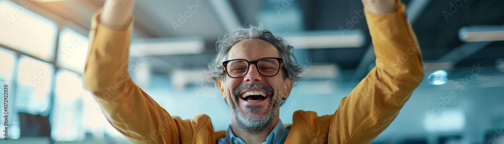 Happy man celebrating success in office. Happy man celebrating success in office.
