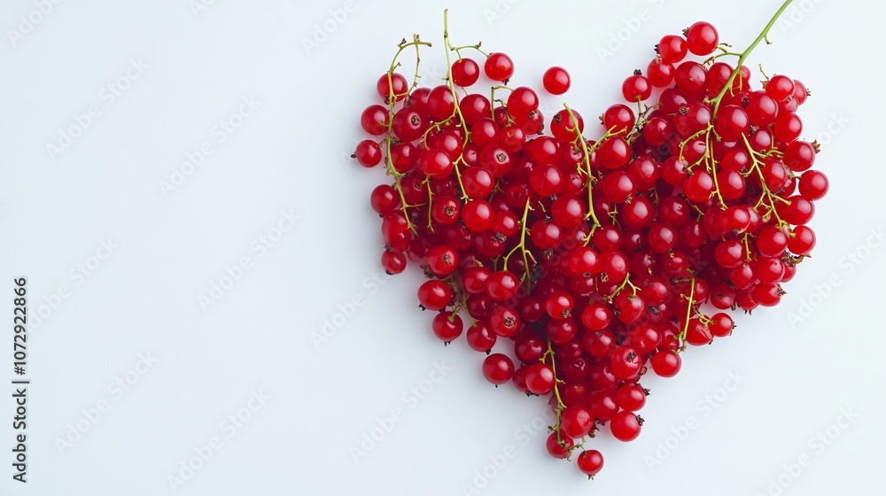 Redcurrant bunch arranged in a heart shape on a smooth white background, with text space at the bottom Redcurrant bunch arranged in a heart shape on a smooth white background, with text space at the bottom