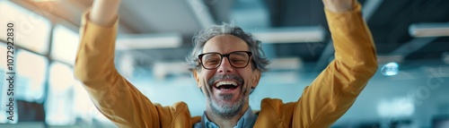 Happy man celebrating success in office.