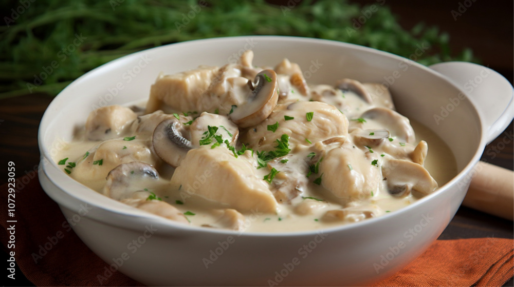 A bowl of creamy and flavorful chicken scallops in mushroom sauce, fresh chicken scallops. A bowl of creamy and flavorful chicken scallops in mushroom sauce, fresh chicken scallops.