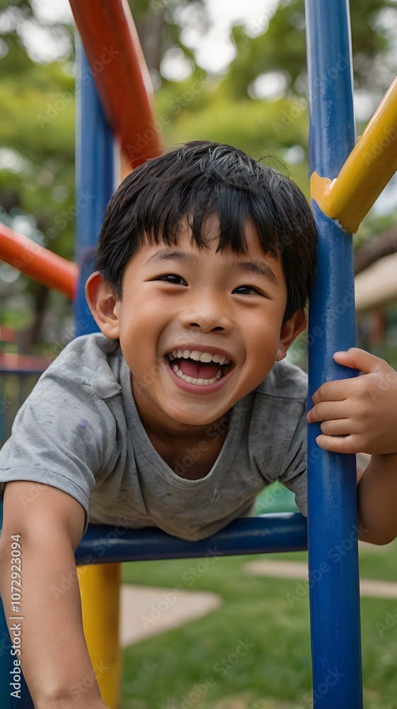 A joyful young boy plays on colorful playground equipment during a sunny day in a vibrant park, radiating happiness and laughter. Generative AI A joyful young boy plays on colorful playground equipment during a sunny day in a vibrant park, radiating happiness and laughter. Generative AI