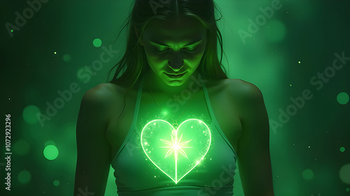 Heart chakra activation concept. A woman with an activated anahata chakra.