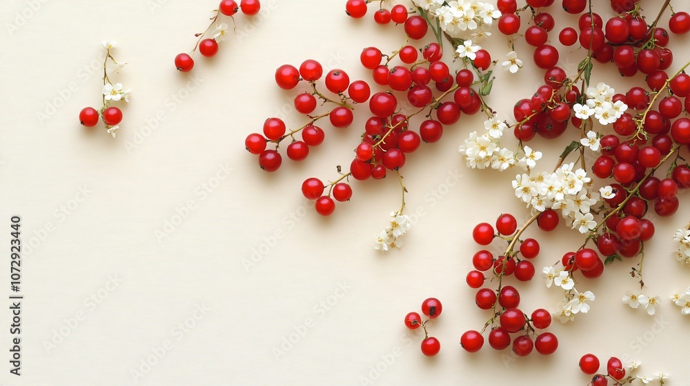 Redcurrants and small white flowers arranged on a pale cream background, open area at the top Redcurrants and small white flowers arranged on a pale cream background, open area at the top