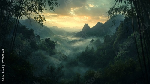 Dawn over Mount Tianmu, Zhejiang, China, with the first light of day illuminating the majestic peaks, fog floating through the valleys, and dense bamboo forests below photo