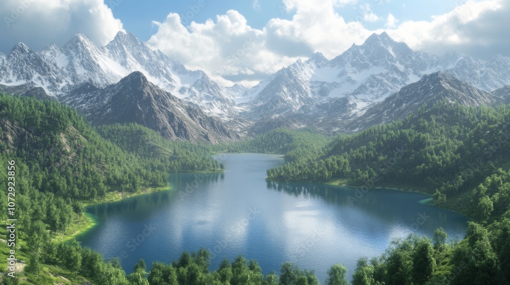 A peaceful lake nestled between the mountains of Mount Changbai, Jilin, China, with lush forests surrounding the crystal-clear waters and snowy peaks in the background A peaceful lake nestled between the mountains of Mount Changbai, Jilin, China, with lush forests surrounding the crystal-clear waters and snowy peaks in the background