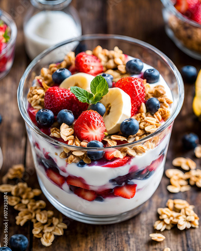 fresh fruit, yogurt, healthy breakfast, delicious, berries, strawberries, blueberries, bananas, kiwi, protein-rich, antioxidant-packed, creamy, vitamin-rich, wholesome, clean eating, fiber-rich, refre photo