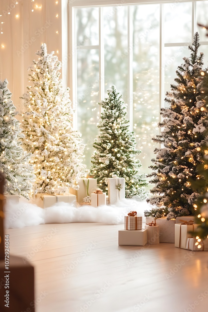 Snowy Christmas Trees with Gifts and String Lights in a Room Snowy Christmas Trees with Gifts and String Lights in a Room