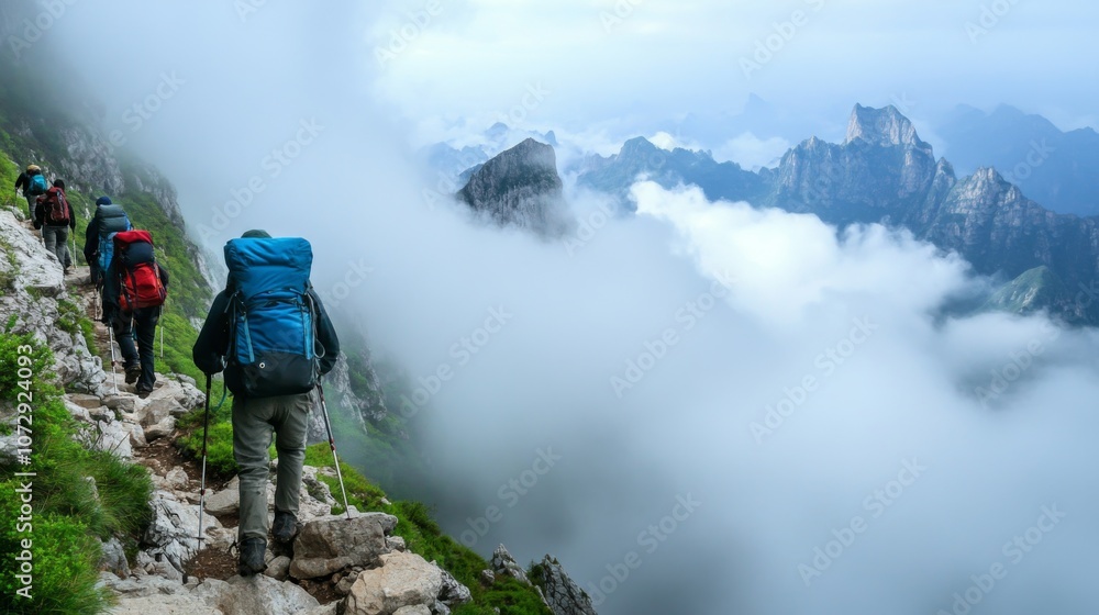 Mystical view of Mount Jiajin, Sichuan, China, with a dense cloud cover shrouding the mountain tops and a group of hikers ascending the rocky trail Mystical view of Mount Jiajin, Sichuan, China, with a dense cloud cover shrouding the mountain tops and a group of hikers ascending the rocky trail