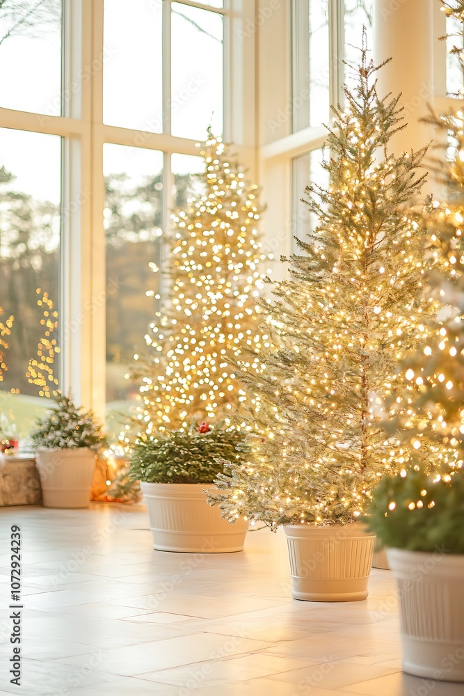 Christmas Trees Decorated with Lights in a Sunlit Room Christmas Trees Decorated with Lights in a Sunlit Room