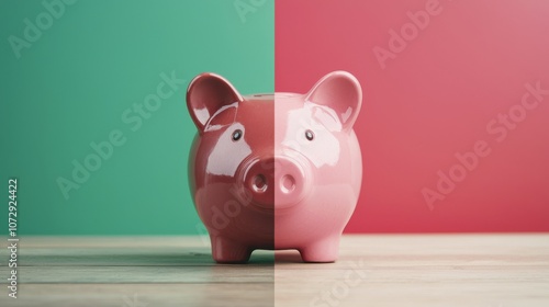 Wallpaper Mural A two-tone piggy bank sits on a wooden surface, split between green and red backgrounds, symbolizing saving versus spending. Torontodigital.ca