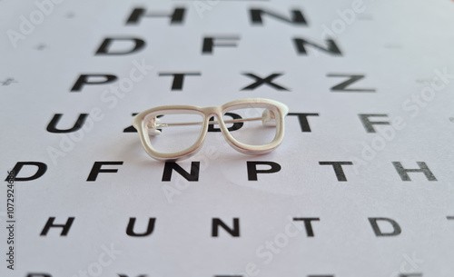 A pair of glasses rests on an eye chart, illustrating vision clarity at an eye examination photo