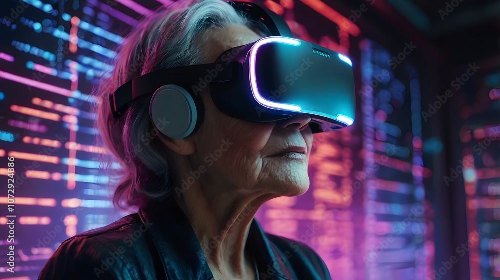 An elderly woman explores a vibrant virtual world through advanced virtual reality technology in a futuristic setting. Generative AI An elderly woman explores a vibrant virtual world through advanced virtual reality technology in a futuristic setting. Generative AI