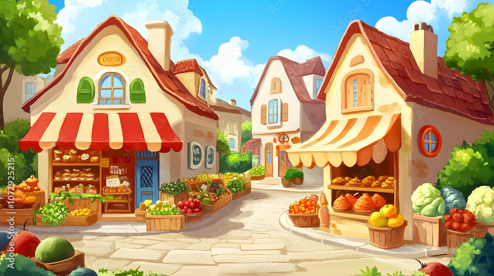 A sunny day in a charming town square, with colorful produce displayed outside a bakery and a fruit stand. A sunny day in a charming town square, with colorful produce displayed outside a bakery and a fruit stand.
