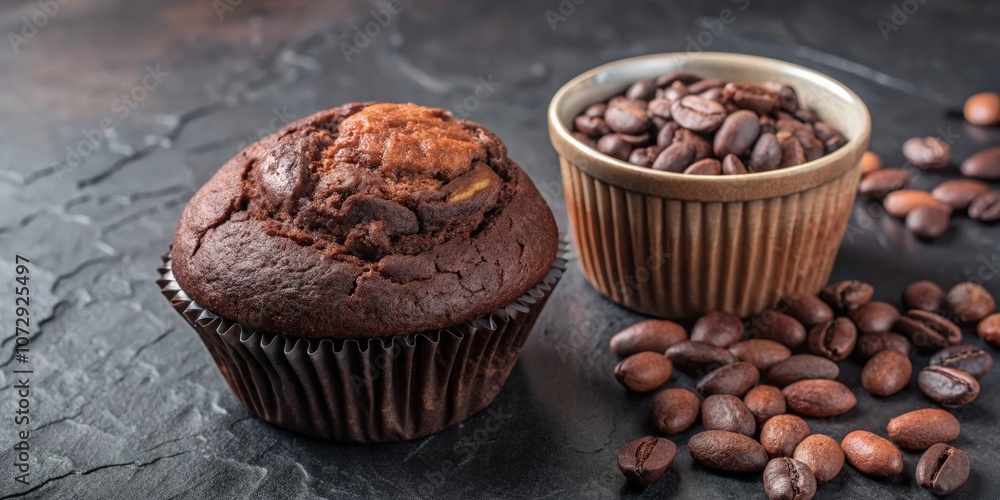 A single chocolate muffin with a rich, swirling texture sits beside a bowl brimming with roasted coffee beans, creating a tempting aroma and a delightful contrast of textures. A single chocolate muffin with a rich, swirling texture sits beside a bowl brimming with roasted coffee beans, creating a tempting aroma and a delightful contrast of textures.