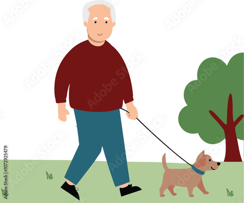 grandfather going for walk with pet dog.eps