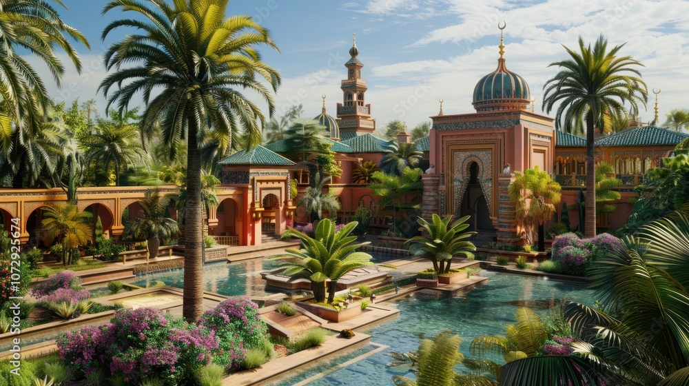 Lush tropical courtyard with ornate architecture and reflecting pool. Lush tropical courtyard with ornate architecture and reflecting pool.