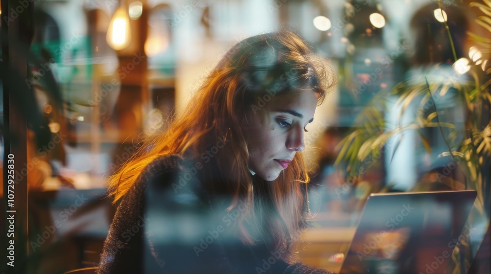 Woman working cafe laptop. Young woman focused on laptop screen, reflecting urban cafe ambience. Quiet concentration, hints of contemplation. Woman working cafe laptop. Young woman focused on laptop screen, reflecting urban cafe ambience. Quiet concentration, hints of contemplation.