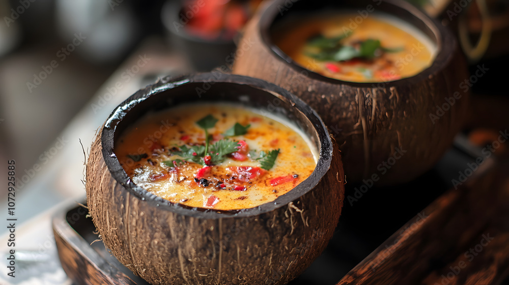 Tropical coconut punch served in coconut shells. Tropical coconut punch served in coconut shells.