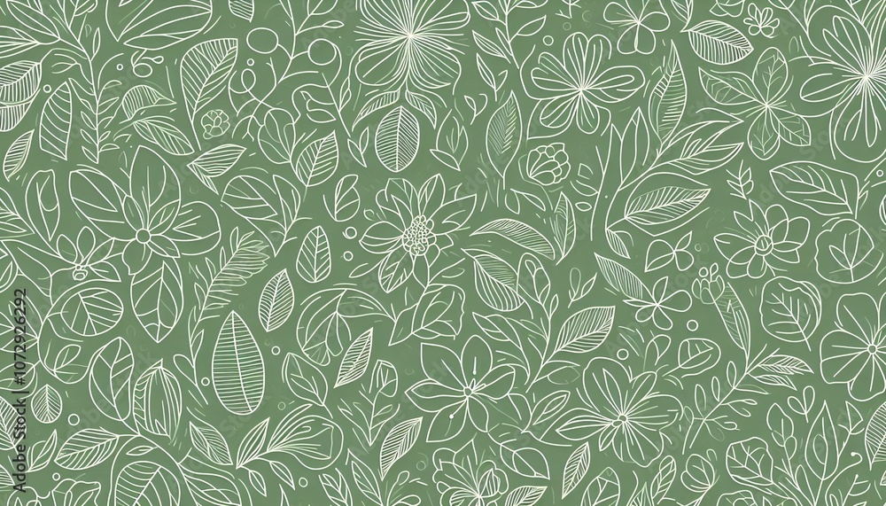 Fototapeta premium Seamless outlined floral and petal pattern with green background