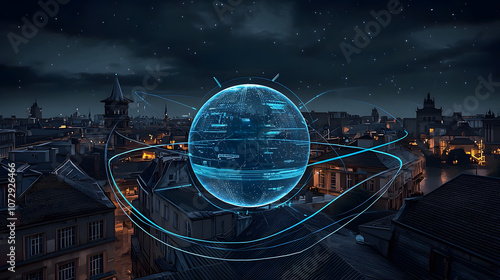 Wallpaper Mural Futuristic digital globe above cityscape at night Torontodigital.ca