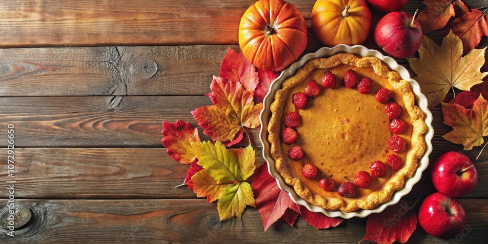 A rustic wooden table, adorned with vibrant autumn foliage, presents a delectable pumpkin pie adorned with crimson berries, ready to be enjoyed. A rustic wooden table, adorned with vibrant autumn foliage, presents a delectable pumpkin pie adorned with crimson berries, ready to be enjoyed.