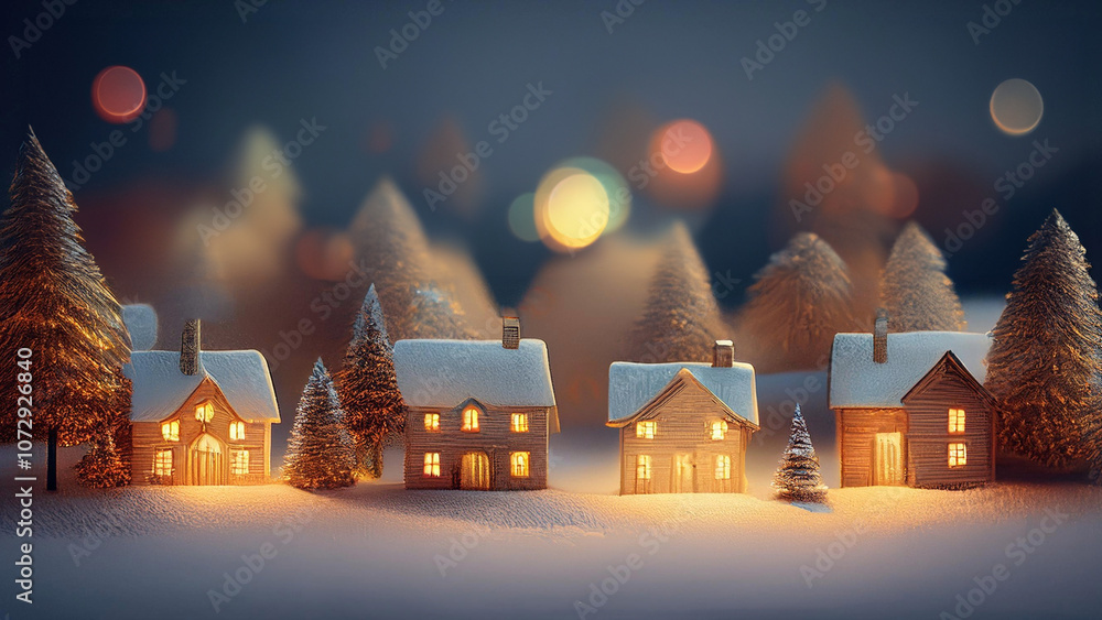 Obraz premium 雪が積もる田舎の小さな家々 暖かい光が窓から漏れているクリスマスの風景 ミニチュアのような小さな世界