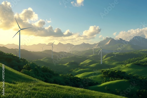 Wind Turbines on Rolling Hills with a Mountain Range in the Background