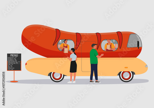 Vector illustration of a food truck stylized as a hot dog with grilled sausage. Two sellers (a woman and a man), two buyers (a teenage girl or a short young woman and a man).