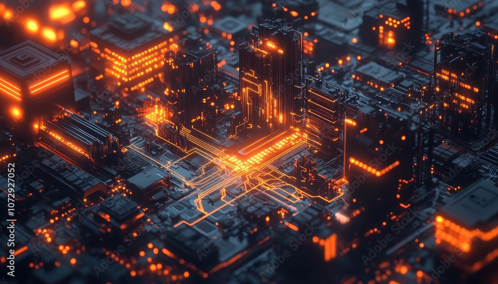 Futuristic Cyberpunk Cityscape with Glowing Orange Circuitry Futuristic Cyberpunk Cityscape with Glowing Orange Circuitry