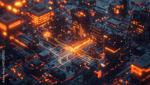 Futuristic Cyberpunk Cityscape with Glowing Orange Circuitry