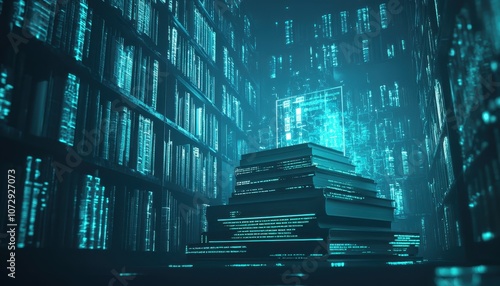A Stack of Books Glowing with Digital Code in a Futuristic Library