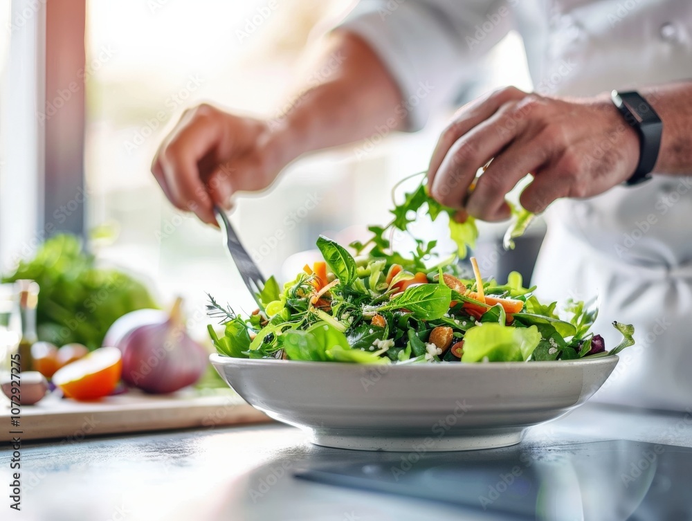 Fresh salad preparation in modern kitchen. Fresh salad preparation in modern kitchen.