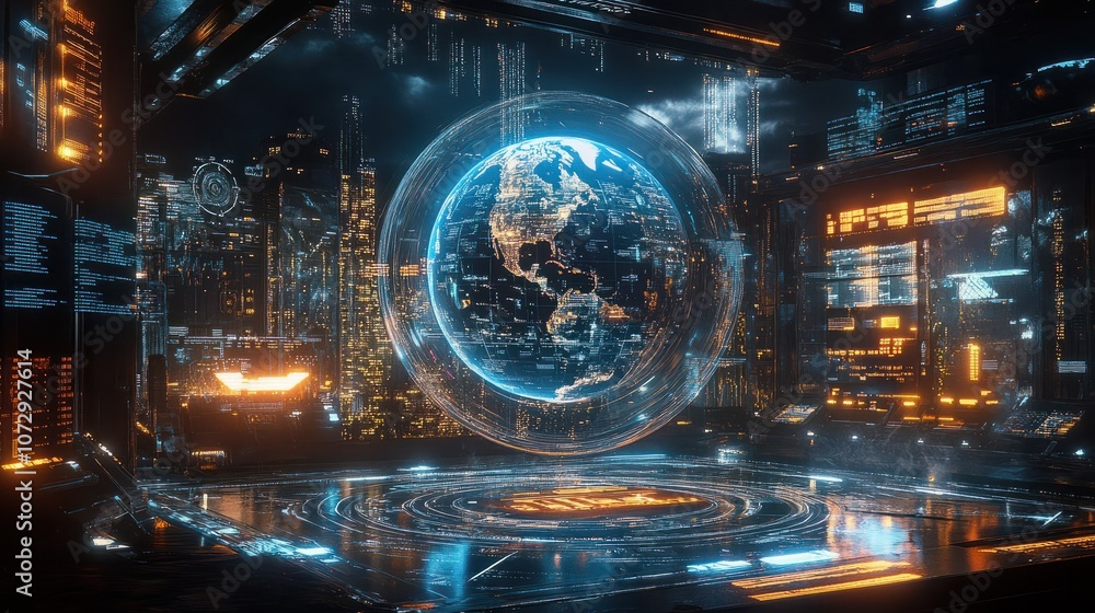 A digital representation of the Earth surrounded by data visuals and graphs in a futuristic financial setting at night A digital representation of the Earth surrounded by data visuals and graphs in a futuristic financial setting at night