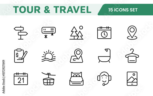 Travel Booking Icon Set. Stylish and user-friendly icons for enhancing travel apps, websites, and services, perfect for streamlining flight searches, hotel bookings, and adventure planning.