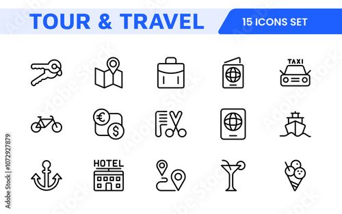 Travel Booking Icon Set. Stylish and user-friendly icons for enhancing travel apps, websites, and services, perfect for streamlining flight searches, hotel bookings, and adventure planning.