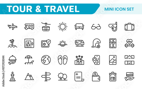 Travel Booking Icon Set. Stylish and user-friendly icons for enhancing travel apps, websites, and services, perfect for streamlining flight searches, hotel bookings, and adventure planning.