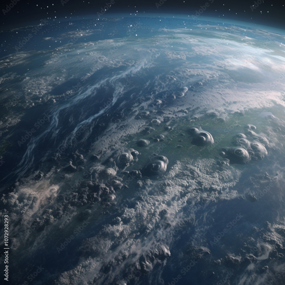 Fototapeta premium Massive tidal wave engulfing Earth seen from space, cinematic, epic scale, detailed water simulation, dramatic lighting, planet Earth visible, storm clouds.