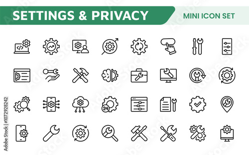 Settings & Maintenance Icon Set. Sleek and functional icons for user interfaces, perfect for enhancing apps and websites with intuitive navigation for settings, updates, and maintenance.