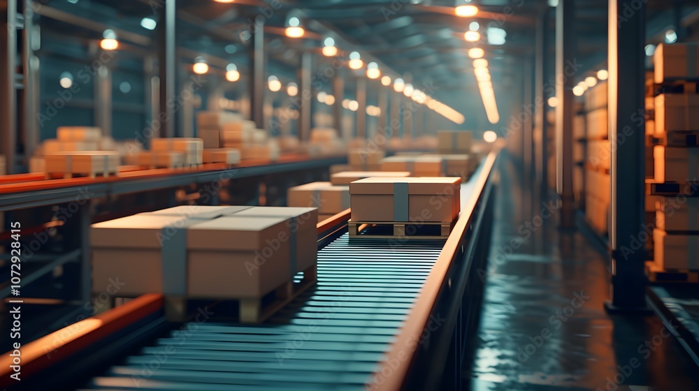 Closeup of multiple cardboard box packages seamlessly moving along a conveyor belt in a warehouse fulfillment center, a snapshot of e-commerce, delivery, automation and products. Closeup of multiple cardboard box packages seamlessly moving along a conveyor belt in a warehouse fulfillment center, a snapshot of e-commerce, delivery, automation and products.
