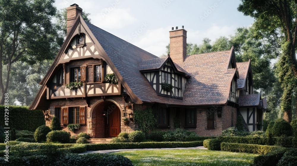 A charming Tudor-style house with a brick facade, a steeply pitched roof, and a manicured lawn. A charming Tudor-style house with a brick facade, a steeply pitched roof, and a manicured lawn.